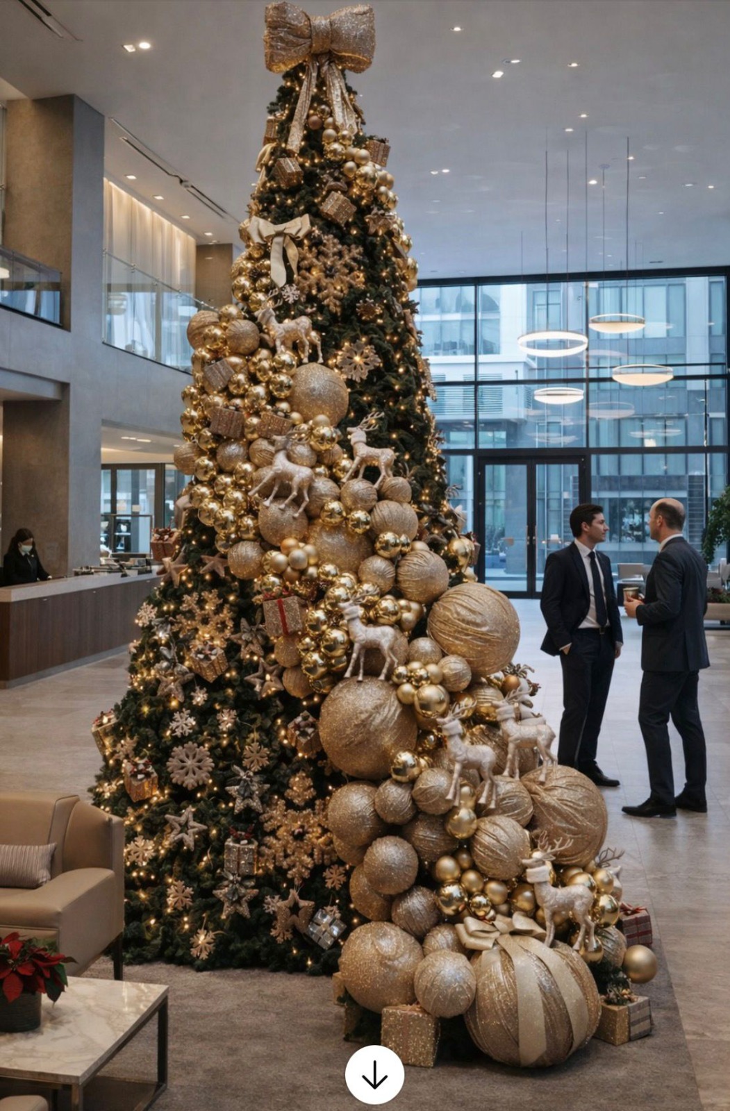 Statement gold Christmas tree in a corporate atrium