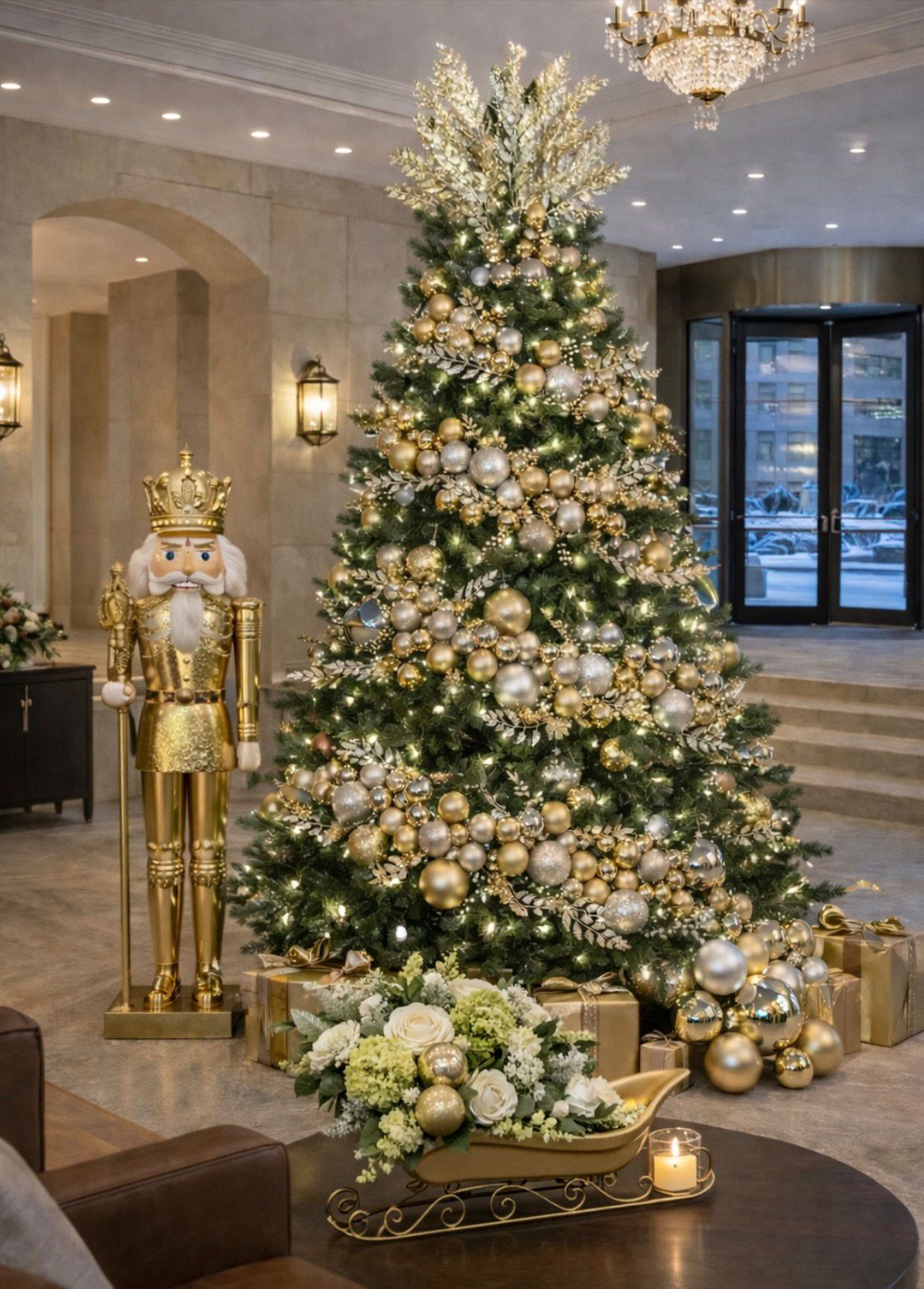 Champagne and gold Christmas tree with nutcracker accent