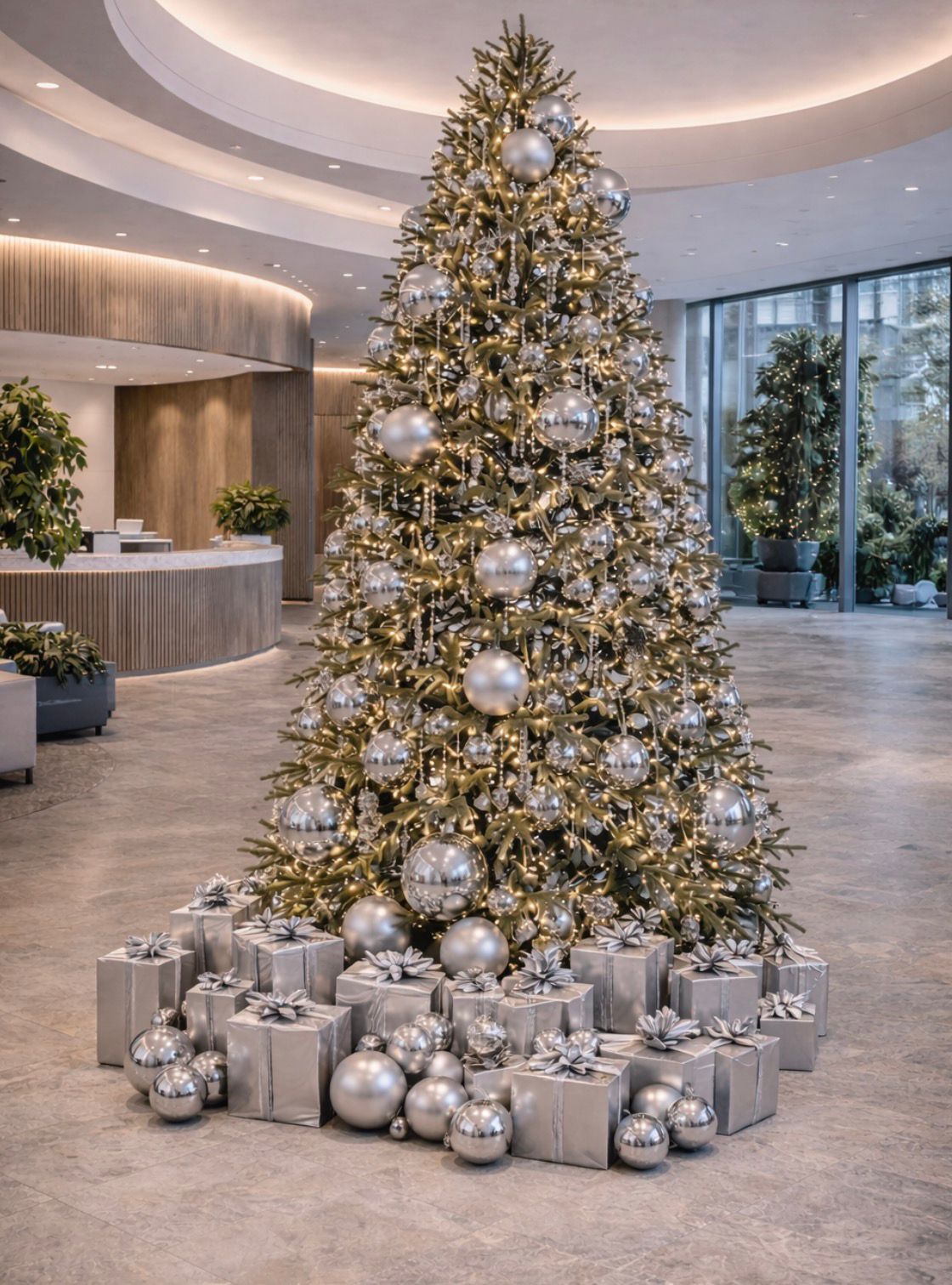 Modern silver and white Christmas tree in a reception lobby