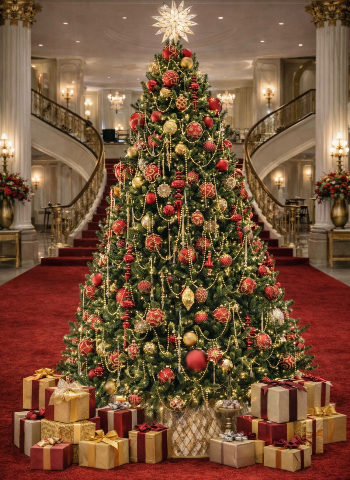 Grand red and gold Christmas tree in a luxury interior
