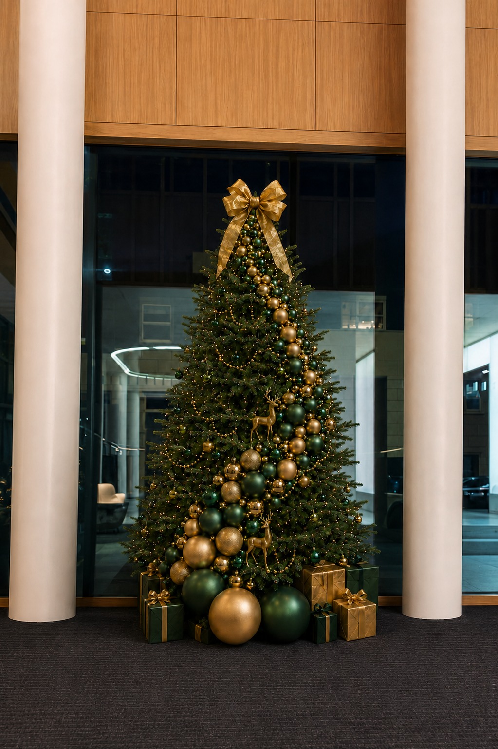 Emerald and gold Christmas tree with oversized baubles