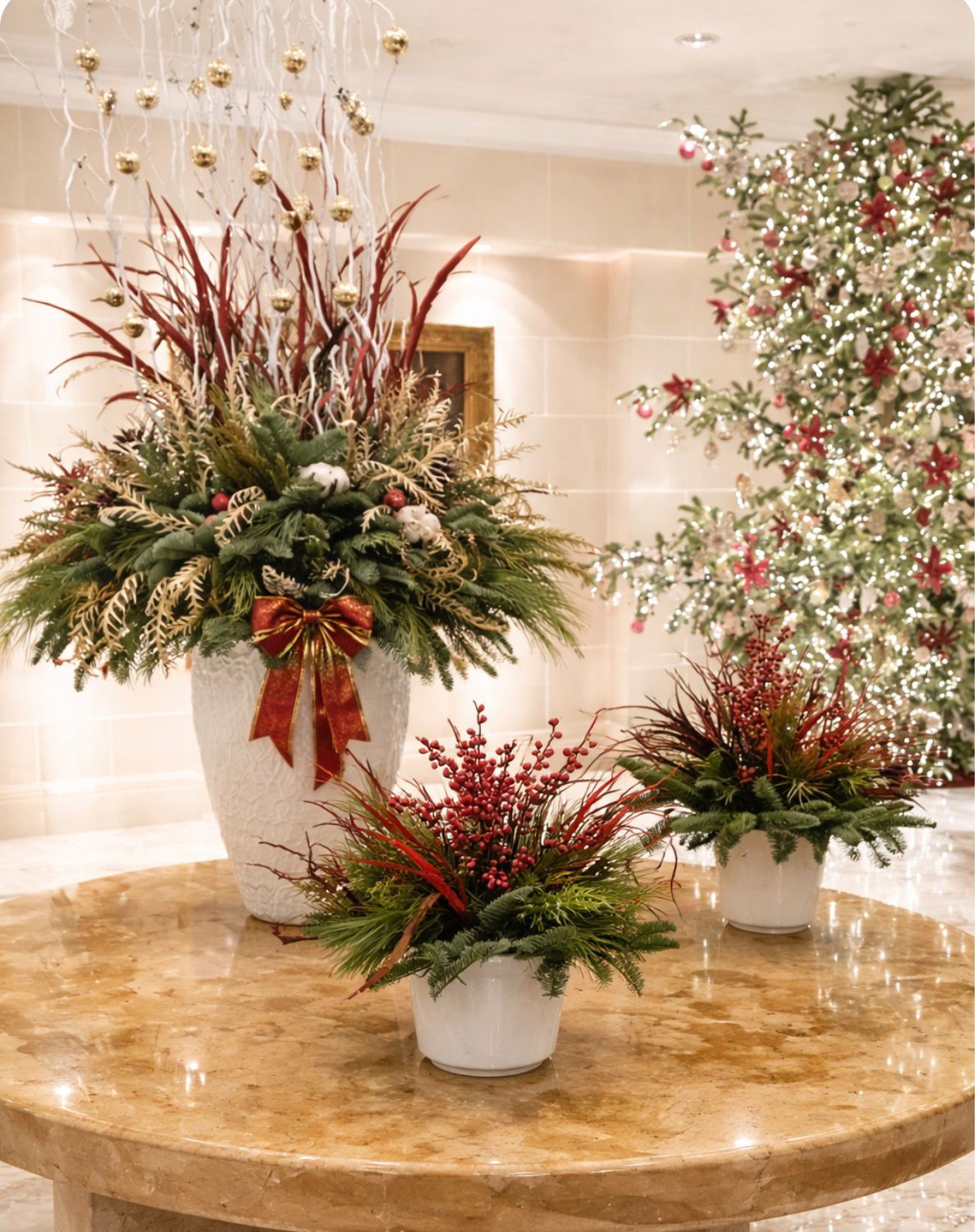 Lobby planters with red and gold festive arrangements
