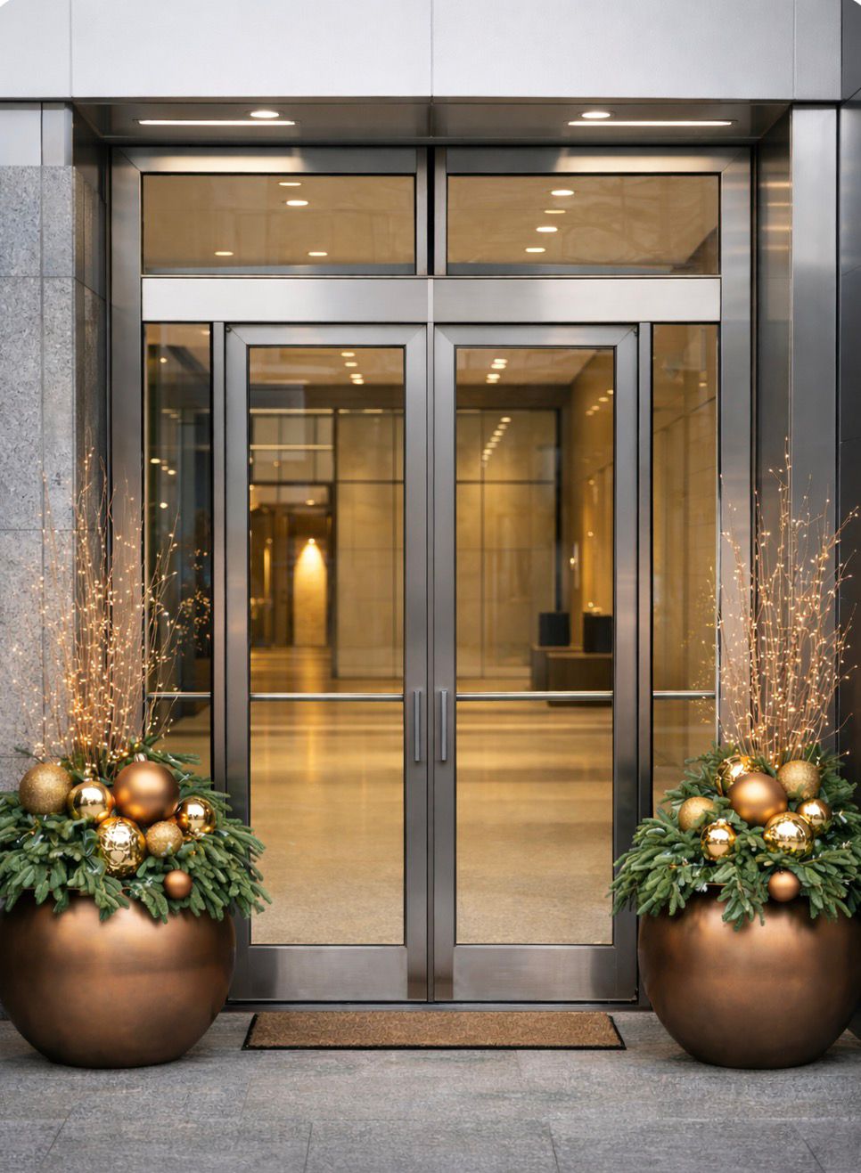 Modern commercial entrance with festive planters