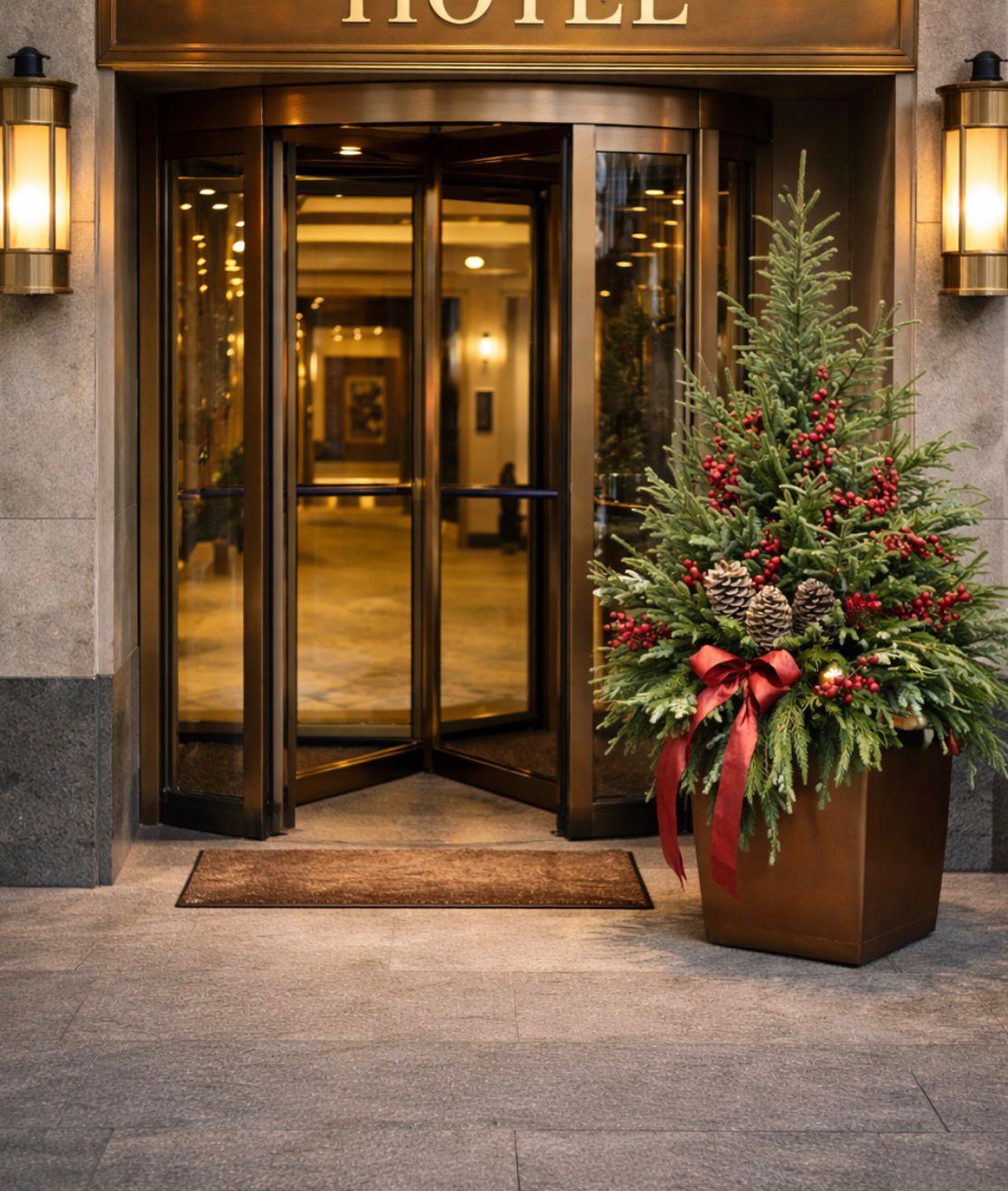 Hotel entrance with festive evergreen planter